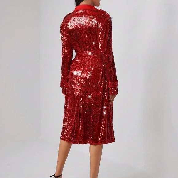 Red Preppy Womens Waterfall Collar Sequin Trench Coat - Picture 3 of 5